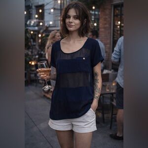 Odille Navy Blue Silk Semi Sheer Striped Blouse Short Sleeve Size 12